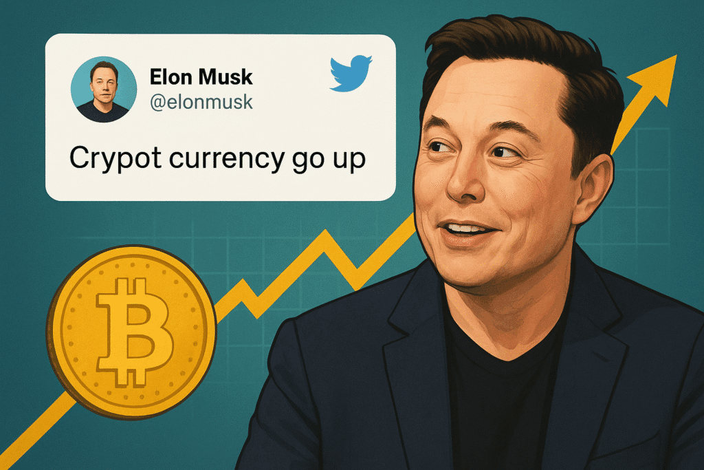 Illustration of Elon Musk smiling with a Bitcoin coin, an upward-trending graph, and a tweet bubble saying “Crypto currency go up.