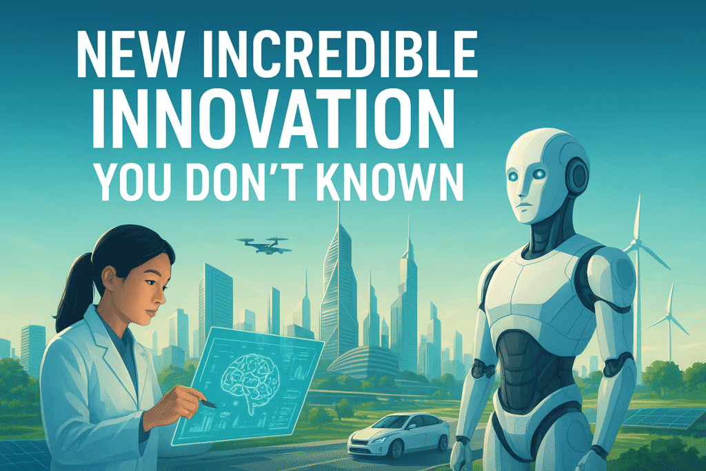 “A future city with a robot and a scientist looking at a glowing brain hologram, with text saying ‘New Incredible Innovation You Don’t Known.’