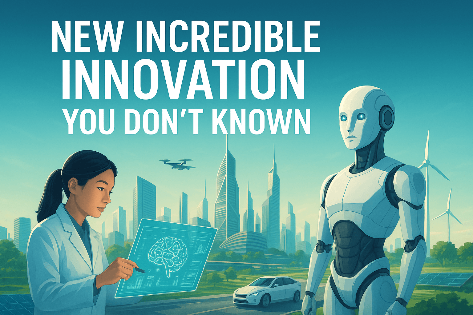 “A future city with a robot and a scientist looking at a glowing brain hologram, with text saying ‘New Incredible Innovation You Don’t Known.’