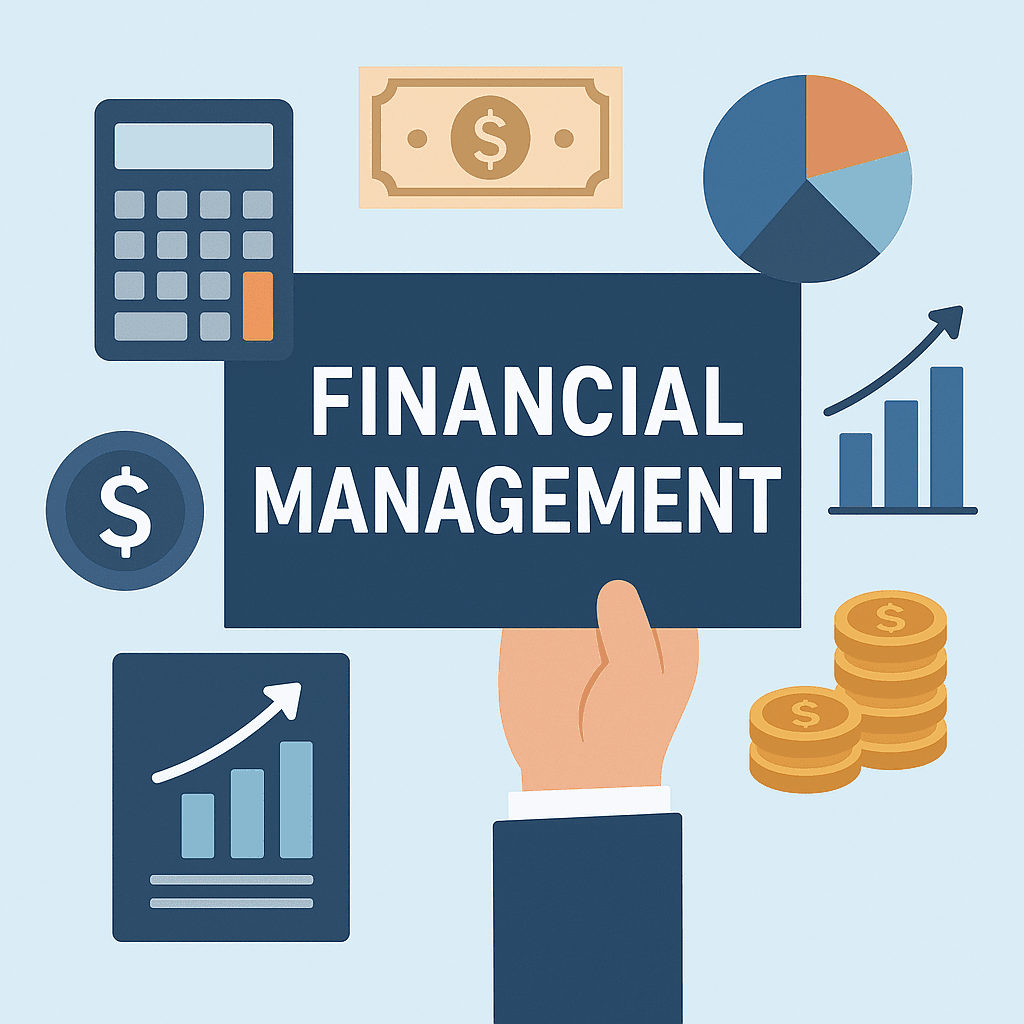 Picture showing financial management with money, charts, and calculator