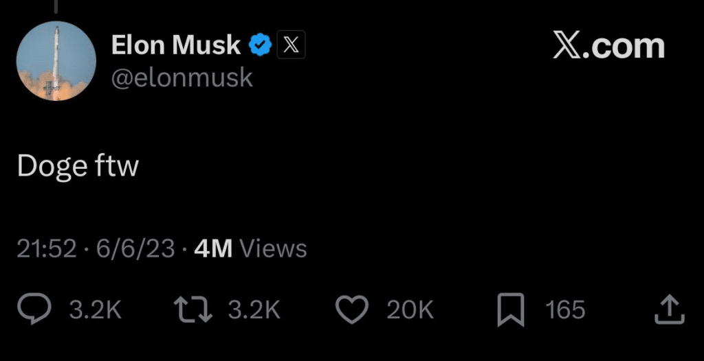 Screenshot of a tweet by Elon Musk from February 4, 2021, showing the single word “Doge.” The tweet caused Dogecoin’s price to surge over 50% within minutes, becoming one of the most iconic moments in crypto meme history.