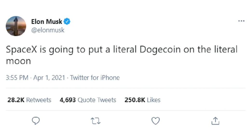Screenshot of a tweet from Elon Musk stating, “SpaceX is going to put a literal Dogecoin on the literal moon.” The post, made on April 1, 2021, humorously promises a moon mission with Dogecoin, sparking a sharp price jump and widespread media coverage.